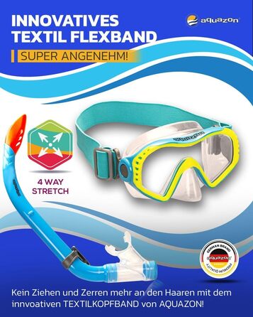 Дитячий комплект для підводного плавання AQUAZON Starfish - Маска для дайвінгу з надзвичайно зручною текстильною пов&39язкою на голову - 7-12 років - включаючи трубку, супер прозоре загартоване скло, синє