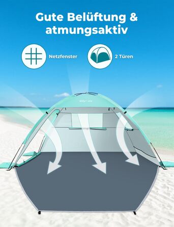 Пляжний намет Glymnis Beach Shelter з 2 дверима на блискавці, захист від ультрафіолету UPF50, вітронепроникний, невеликий розмір у упаковці, пляжний намет для 2-3 осіб
