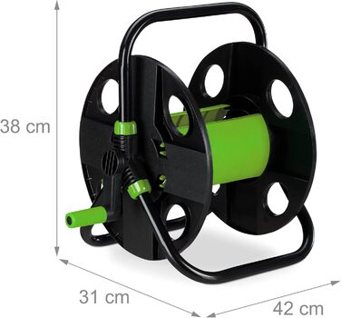 Котушка для шланга Relaxdays, для 30 м шланга 1/2, сталь, пластик, тримач шланга, 38 x 42 x 31 см, чорний/зелений