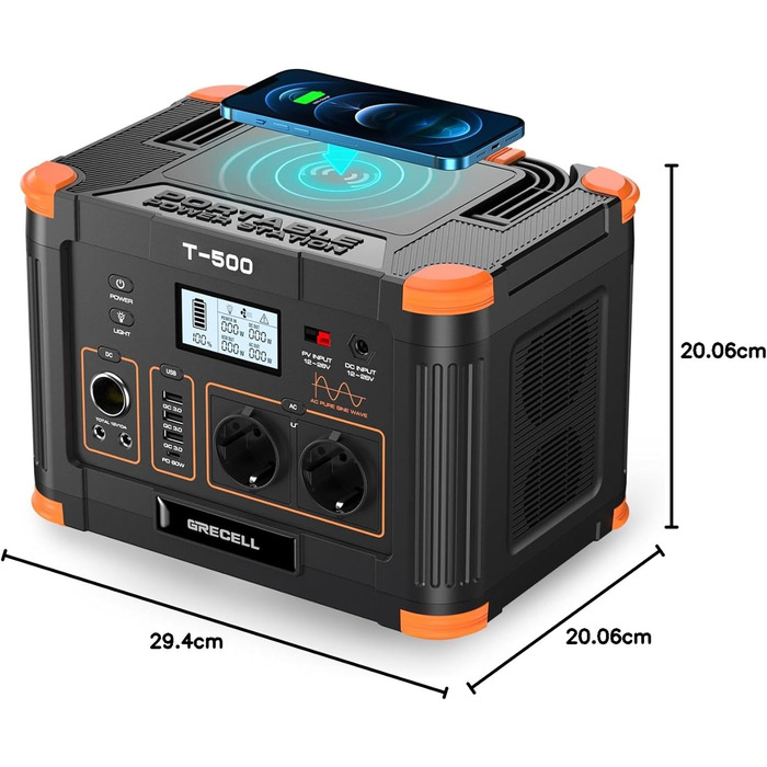 Портативна електростанція 500 Вт/519 Втгод, електростанція Grecell (пікова потужність 1000 Вт), безшумна, швидкозарядна, екологічно чиста сонячна генераторна установка для кемпінгу, автофургонів та аварійних ситуацій удома.