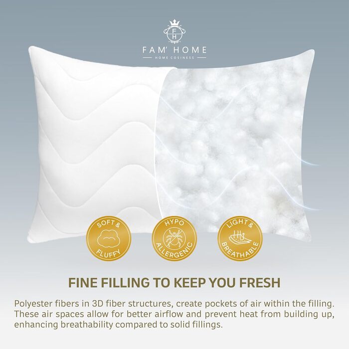 Розкішна подушка FAM&39 Home 60x70 см, комплект з 2 шт. подушка з об&39ємним наповнювачем (820 г) ергономічні білі подушки для сну легкий догляд гіпоалергенна подушка 60 x 70 см, можна прати при температурі до 95 C дихаюча, комплект з 2 шт., 60 x 70 см