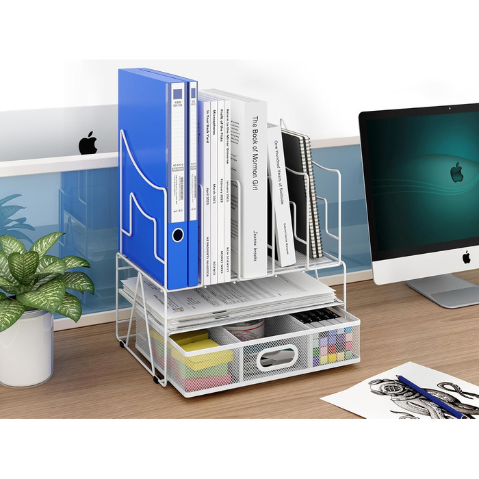 Металевий офісний органайзер EasyPAG A4 з 6 відділеннями, тримач для документів, лоток для файлів, тримач для журналів, лоток для листів, органайзер для паперових журналів з шухлядою для канцелярського приладдя, білий