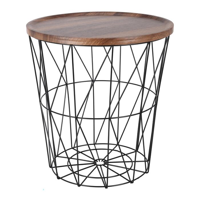 Журнальний столик Spetebo з металевим дротяним кошиком 39 см - Чорний - Стіл-кошик з коричневою стільницею під дерево - Невеликий декоративний столик з кошиком для зберігання, журнальний столик, декоративний столик з відділенням для зберігання