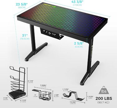 Ігровий стіл EUREKA ERGONOMIC з RGB-підсвічуванням 110 см, скляний ігровий комп&39ютерний стіл з музичним реактивним RGB-світлодіодним підсвічуванням через додаток, 110 x 60 см
