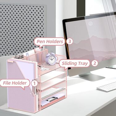 Органайзер для столу з тримачами для файлів, 5 рівнів, органайзер для столу з 3 тримачами для ручок, лотком для паперу та листів для офісу, дому, організації та зберігання, рожевий