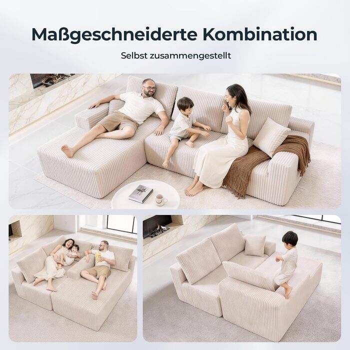 Кутовий диван Cloud, L-подібний модульний кутовий диван з глибоким сидінням, диван без опорних стійок для вітальні та спальні, кремова вельветова оббивка, лівий шезлонг бежевого кольору, 105&39