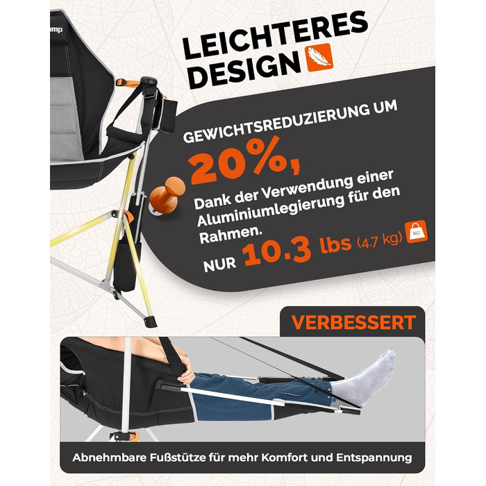 Легке крісло-гойдалка для кемпінгу KingCamp, складне крісло-гойдалка для кемпінгу з 3 регульованими спинками, розкладне вуличне крісло-гойдалка з тримачем для напоїв, підвісне крісло-гойдалка для використання в приміщенні, вітальня, сад, патіо, чорне з пі