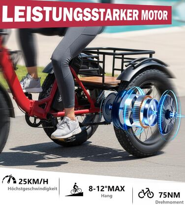 Електричний триколісний велосипед NOMOGO для дорослих, алюмінієвий складаний електровелосипед, акумулятор 48 В 15,6 Аг, 7-швидкісний електровелосипед, швидкість 25 км/год та запас ходу 90-110 км, товсті шини 20x4, передня частина та диференціал, комплексн