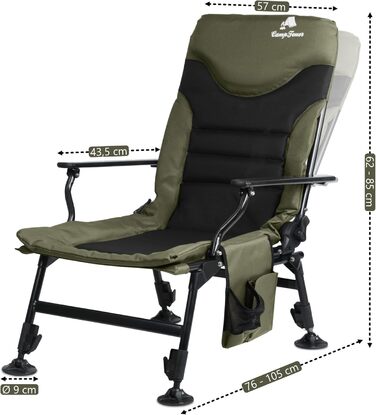 Рибальське крісло CampFeuer кольору моху та зеленого/чорного Кемпінгове крісло з регульованою висотою Складане коропове крісло Вуличне туристичне крісло для кемпінгу, риболовлі в наметі Складане рибальське крісло, коропове крісло, рибальське ліжко