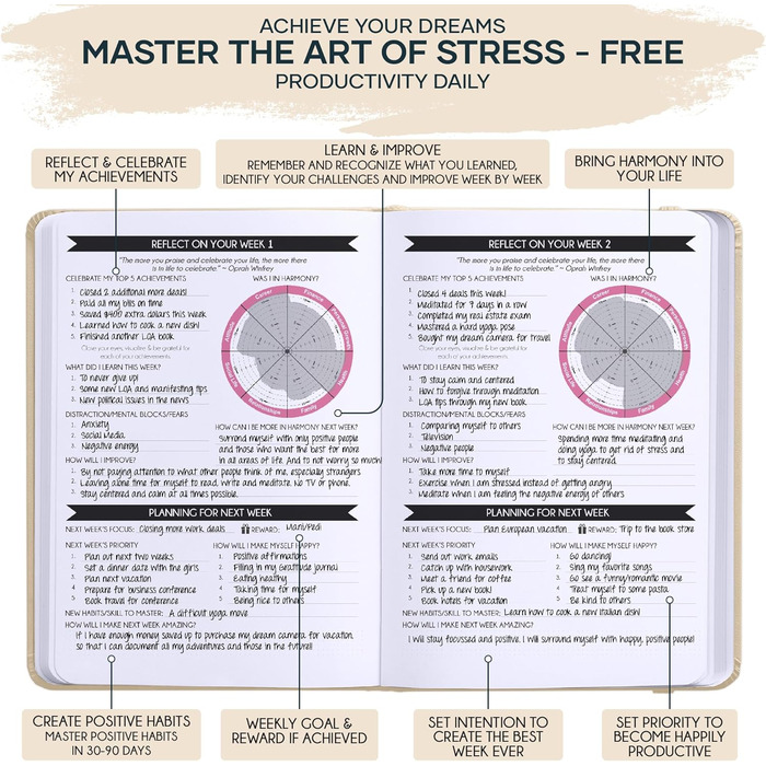 Щоденник прояву - 90-денна подорож до створення життя вашої мрії - особистий щоденник вдячності, щотижневий планувальник успіху, дошка візій та органайзер + наліпки для планувальника, без дати