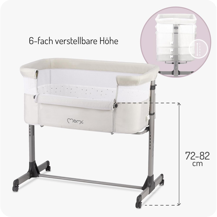 Багатофункціональне приліжкове та дитяче ліжко Momi REVO, 6-рівневе регулювання висоти від 72 до 82 см, з колесами, включаючи матрац, кріпильні ремені, сітку від комах та ручку з іграшками