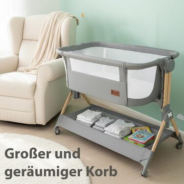 Приліжкове ліжечко Baby Comfortly з колесами Складане та регульоване по висоті (5 рівнів), дихаюче, підходить від 0 місяців до 9 кг, в комплекті матрац, простирадло та сумка не потрібно збирати (колір дерева)