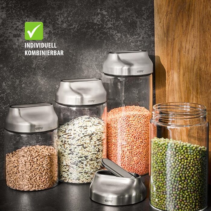 Контейнер для зберігання GEFU KIPPO 1300 мл Скляний контейнер з кришкою, що відкидається, та захистом аромату Герметичний, ідеально підходить для дозування цукру, борошна, мюслі, макаронів, сухих продуктів