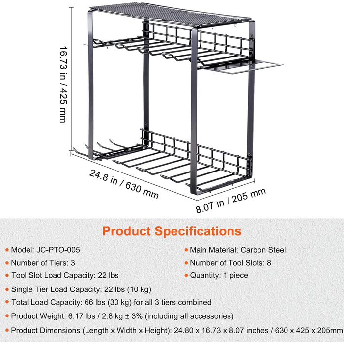 Органайзер для електроінструменту VEVOR 30 кг Вантажопідйомність Настінний тримач інструменту Гаражі з вуглецевої сталі Стійка для інструментів 630x425x205 мм Зберігання інструментів 3 яруси Гараж Настінне зберігання