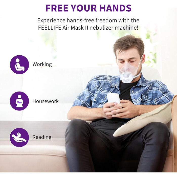 Інгалятор FEELLIFE, Безшумний інгалятор для дорослих, дітей, 3 регульовані моделі, Надлегкий інгалятор без рук, Інгалятор для дому та в дорозі, Акумуляторна батарея Білий