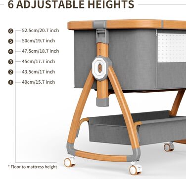 Дитяче ліжечко-тумбочка, дорожнє ліжечко 3-в-1, 6 регульованих рівнів висоти з матрацом та колесами з гальмами, підходить для дітей від 0 до 6 місяців, для дому та подорожей