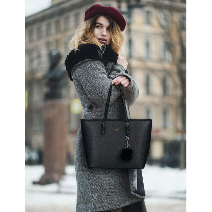 Жіноча сумочка чорна, шкіряна сумка шоппера, велика, для офісних шкільних покупок з кулькою з кролячого хутра, плюшевий брелок для