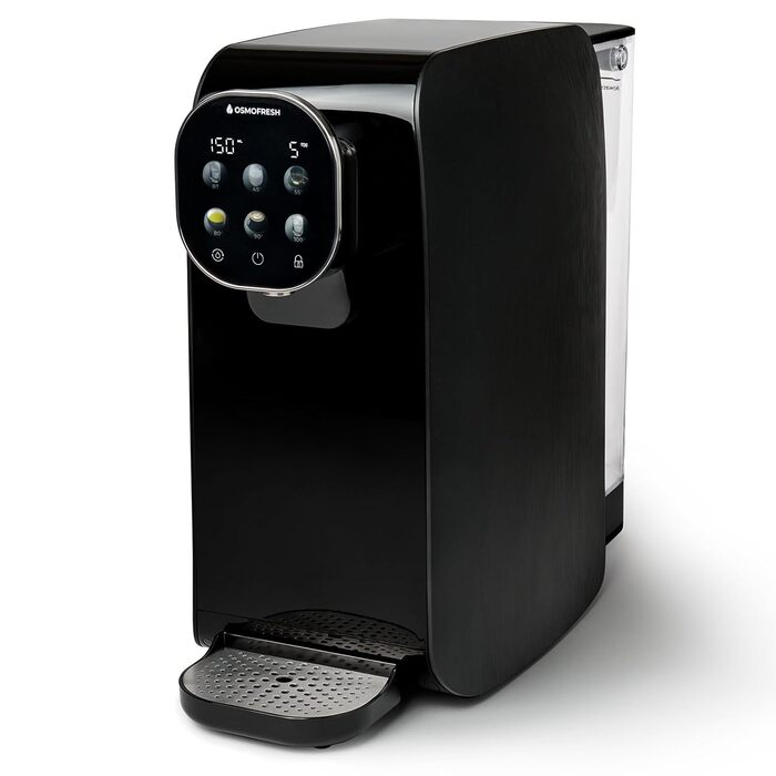 Настільна система осмосу OsmoFresh Quella Pro Black з диспенсером для гарячої води 6 рівнів температури 7-кратна фільтрація зворотного осмосу Фільтр для води для кухні, офісу, автофургону Питна вода без вапна Black Edition