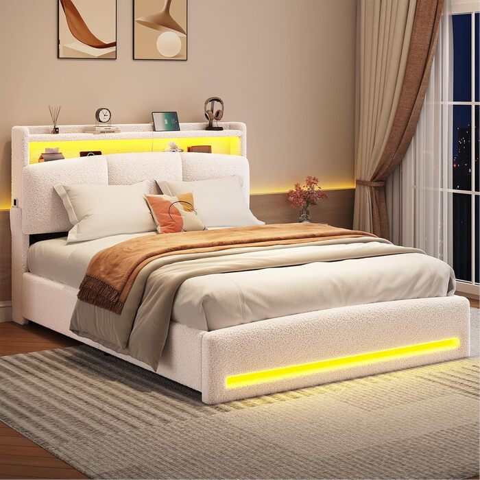 М&39яке ліжко 140x200 з розетками та світлодіодним освітленням, двоспальне ліжко з узголів&39ям для зберігання речей, ліжко 140x200 з гідравлічним металевим каркасом та дерев&39яною рейковою основою, букле, бежевий (без матраца) 140x200 см бежевий