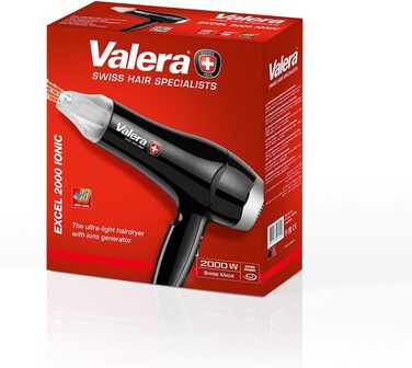 Фен для волосся Valera Excel 2000 Ionic, ультралегкий іонізуючий фен, 6 рівнів температури та потоку повітря, знімний фільтр, 2000 Вт, чорний