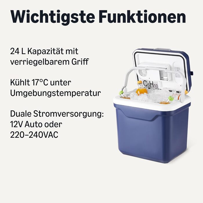 Електричний кулер Storeo Basics з функцією охолодження та нагрівання, 12 В постійного струму/230 В змінного струму для використання в автомобілі та вдома, 24 літри, синій