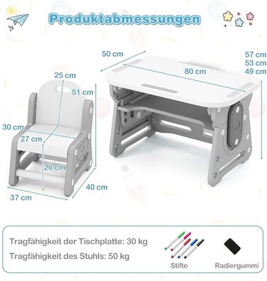 Дитячий стіл та стілець з регульованою висотою, дошкою для малювання та відділенням для зберігання, художній стіл/стіл для учнів з нековзними ніжками, для дітей від 3 років (сірий)