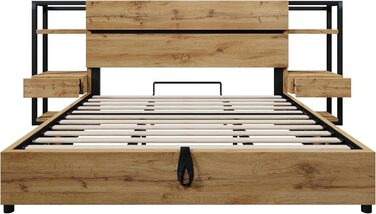 Двоспальне ліжко 180x200 з тумбочкою, узголів&39ям для зберігання речей з шухлядами та функцією зарядки USB Type-C, гідравлічне ліжко для зберігання речей, дерев&39яний каркас ліжка, дитяче ліжко, доросле ліжко, без матраца, дуб, без матраца 180x200 см