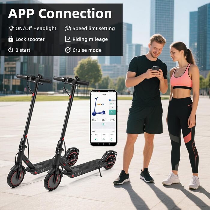 Електричний самокат з допуском до дорожнього руху для дорослих, складаний, акумулятор 10,4 Аг, запас ходу 2535 км, підключення до застосунку