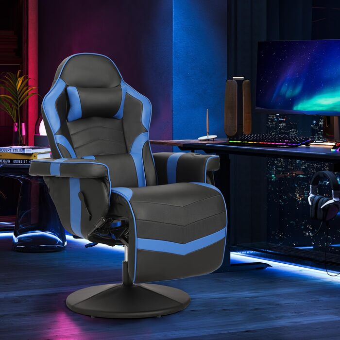 Геймерське крісло з функцією масажу, регульоване по висоті ігрове крісло з висувною підставкою для ніг та підсклянником, ергономічне офісне крісло з підголівником, поворотне гоночне геймерське крісло (синє)