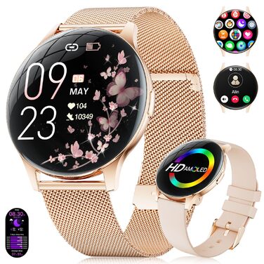 Жіночий смарт-годинник 2026 року з дзвінками - 7,99 мм ультратонкий елегантний фітнес-годинник з 1,43-дюймовим HD-дисплеєм, що постійно ввімкнено, водонепроникний IP68, понад 100 спортивних режимів, жіноче здоров&39я для iOS та Android, рожеве золото FV21