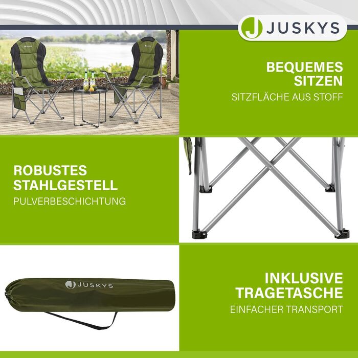 Складаний кемпінговий стілець Juskys Lido з тримачем для напоїв, бічною кишенею та сумкою для перенесення - М&39який складний кемпінговий стілець з підлокітниками та спинкою - 4 кольори зеленого кольору