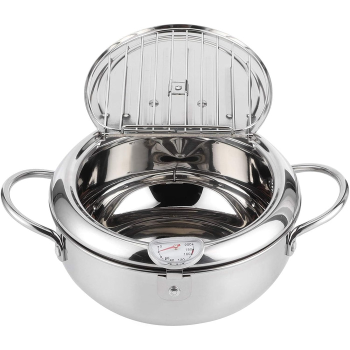 Глибокий горщик, японський горщик для смаження, японський горщик для фритюрниці темпура з термометром, маленький горщик з нержавіючої сталі з термометром, кришкою та сушаркою для картоплі фрі, креветки