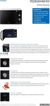 Мікрохвильова піч Samsung MW3500 MS23K3614AW / Цокольний поверх / 800 Вт / 23 л місця для приготування їжі / Ширина 48,9 см / Стійка до подряпин керамічна емаль внутрішня частина / 6 рівнів потужності / Білий одинарний