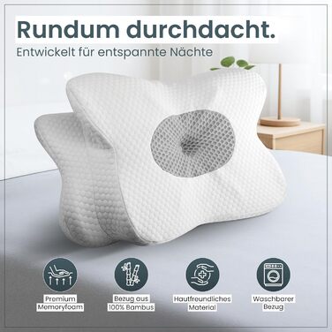 Ортопедична подушка для шиї від болю в шиї виготовлена з високоякісної піни з ефектом пам&39яті - Ергономічна подушка для шиї - Подушка для сну на боці, спині та животі - Чохол, який можна прати при 40C 61 x 40 x 12 Світло-сірий