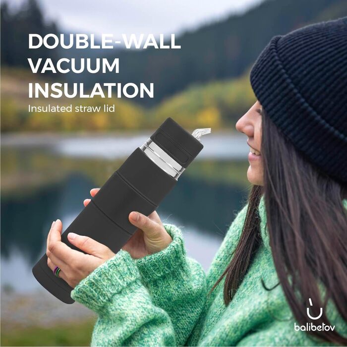 Новий - Автоматичний термос з нержавіючої сталі - Термос, чашка для мате та бомбілья в одному - Не потрібно наповнювати щоразу, коли хочеться випити (Чорний)