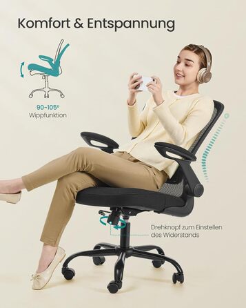 Ергономічне офісне крісло SONGMICS, обертове крісло з сіткою, поперековою частиною та підголівником, функція гойдання, розмір сидіння 53 см, складні підлокітники, для роботи та спальні, для студентів, чорне OBN37BK Чорний без підголівника