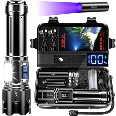 Світлодіодний ліхтарик Blukar з 2 колірними температурами, основним світлом та боковим COB-світлом, акумуляторний, надзвичайно яскравий, плавно регульований, ручний ліхтарик із можливістю масштабування, 7 режимів, водонепроникний для надзвичайних ситуацій
