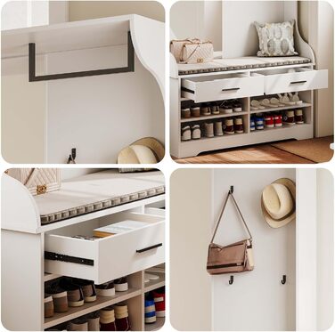 Вішалка для одягу з лавкою для взуття та дзеркалом, сучасна вішалка для одягу з гачками та підставкою для одягу, шафа для передпокою з функцією взуттєвої шафи та 2 шухлядами для вітальні (104x35x180 см)