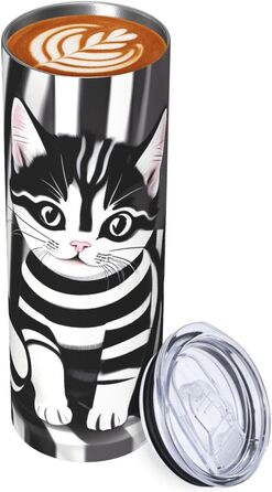 Кухоль з прямою трубочкою, 590 мл, чорно-білий смугастий принт кошенят, дорожній кухоль, підходить для кемпінгу, офісу та дому
