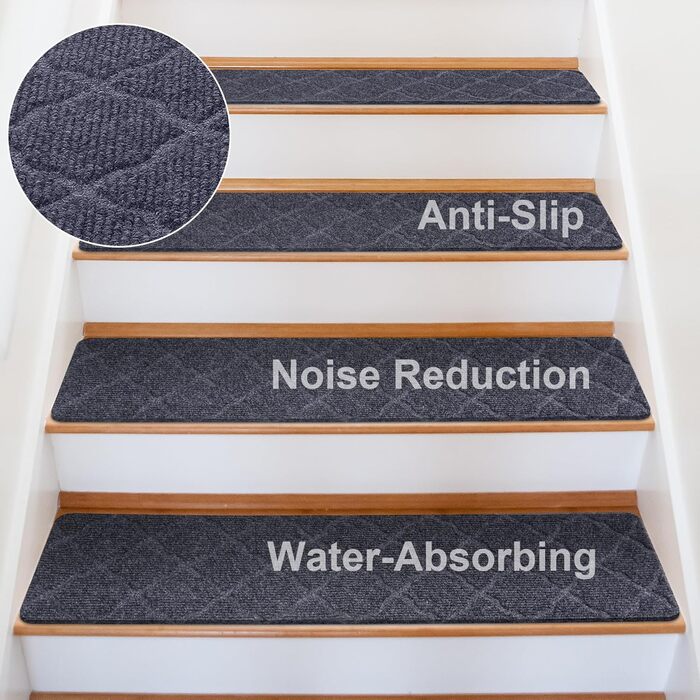 Нековзні сходинки для дерев&39яних сходинок, 20 x 76 см, нековзні сходинки для використання всередині приміщень, килимові сходинки із самоклеючою основою, знімні та придатні для прання в пральній машині, світло-сірий візерунок 7