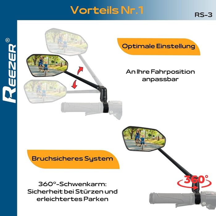 Лівостороннє велосипедне дзеркало REEZER RS3 з надзвичайно великою дзеркальною поверхнею - Регульоване на 360 велосипедне дзеркало для керма електровелосипеда та електросамоката - Дзеркало заднього виду, сумісне з усіма моделями - ЛІВОРУЧЕ