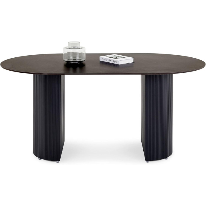 Овальний обідній стіл LISANDRO, 160 x 90 см, з керамічною стільницею, темно-сірий/чорний сучасний кухонний стіл з міцною керамічною стільницею та стабільним металевим каркасом для стильної їдальні або кухні