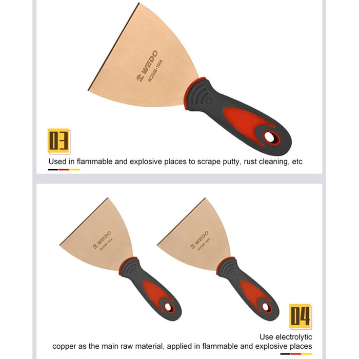 Шпателі WEDO, шпателі для гіпсокартону, шпателі з нековзною гумовою ручкою, професійні широкі шпателі, що не іскриться, берилієва мідь, ширина ножа 75 мм, довжина 203 мм, сертифікована BAM & FM мідь-берилій 75X203 мм