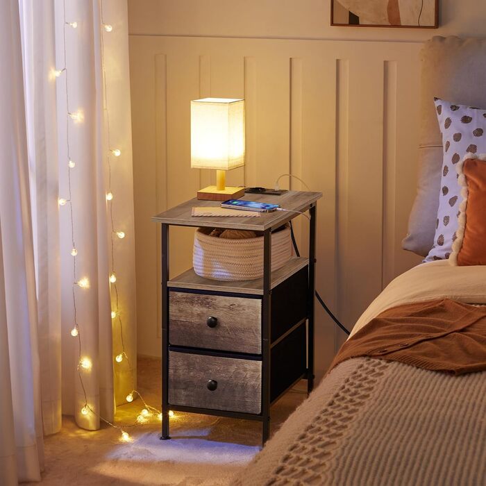 Вузький бічний столик HOOBRO із зарядною станцією, тумбочка з 2 флісовими шухлядами, компактний бічний столик, для невеликих приміщень, спалень, сіро-чорний EBG486CBZ01 сірий чорний