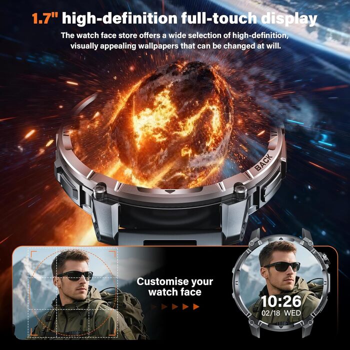 Чоловічий смарт-годинник із функцією телефону, 1,7-дюймовий сенсорний екран, підсвічування, 100 днів у режимі очікування, понад 120 спортивних режимів, пульс, SpO2, монітор сну, водонепроникність IP68, фітнес-трекер, сумісний з Android/iOS (сталевий ремін