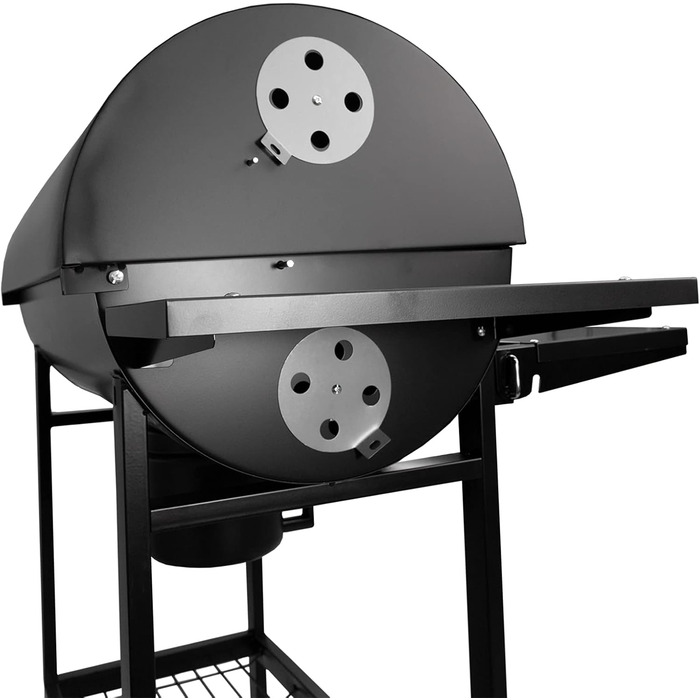 Гриль-візок XXL 103x110x59 см. Вугільний гриль з металевим корпусом та кришкою, решіткою для грилю, 2 колесами, полицею для зберігання, попільницею та регульованою системою вентиляції.