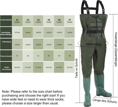 Вейдерси, чоловічі водонепроникні вейдерси, рибальські вейдерси з нейлонового композиту 70D та ПВХ, рибальські вейдерси з чобітьми, вейдерси для чоловіків та жінок для будівельних майданчиків, риболовлі, ферм, садів, розмір L, темно-зелені