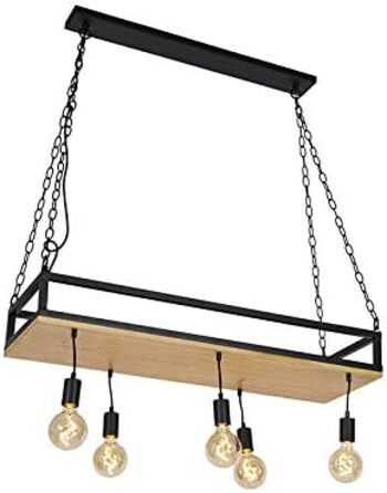 Промисловий I Вінтажний I Промисловий I Вінтажний I Підвісний світильник I Підвісний світильник чорного кольору з деревом, 5 ламп - Полиця I Вітальня I Спальня - Прямокутний I Довгастий - Сумісний зі світлодіодами