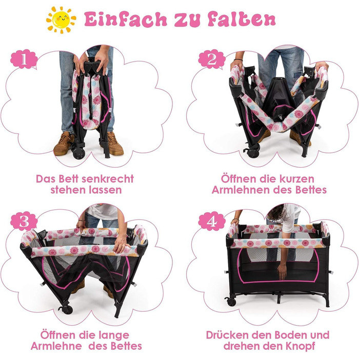 Складане дорожнє ліжечко FANTASK 4-в-1 до 15 кг, мобільна колиска, приліжкове ліжечко, пеленальний столик та манеж, дитяче ліжечко з регульованою висотою на 2 рівнях з сумкою для перенесення, матрацом та музичним мобільним пристроєм