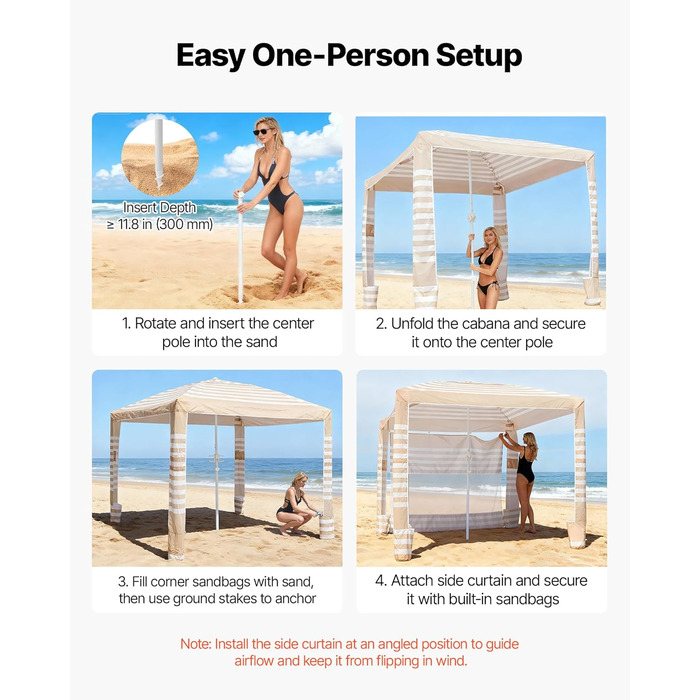 Пляжний навіс VEVOR, 2,4 x 2,4 м з бічною стінкою, сонцезахисний фактор UPF 50, навіс з мішками з піском, регульований по висоті та портативний сонцезахисний навіс для всієї родини та друзів